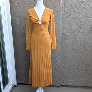Michael Kors MICHAEL KORS Gold/Mustard  Plunge Long Sleeve Ribbed O-Ring Dress